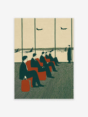 Mid-century airport lounge art print showing men in suits waiting for flights with planes visible outside the window.