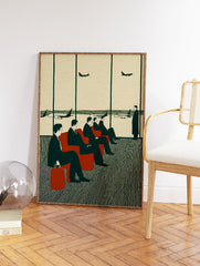 Mid-century airport lounge art print showing men in suits waiting for flights with planes visible outside the window. - Image 2