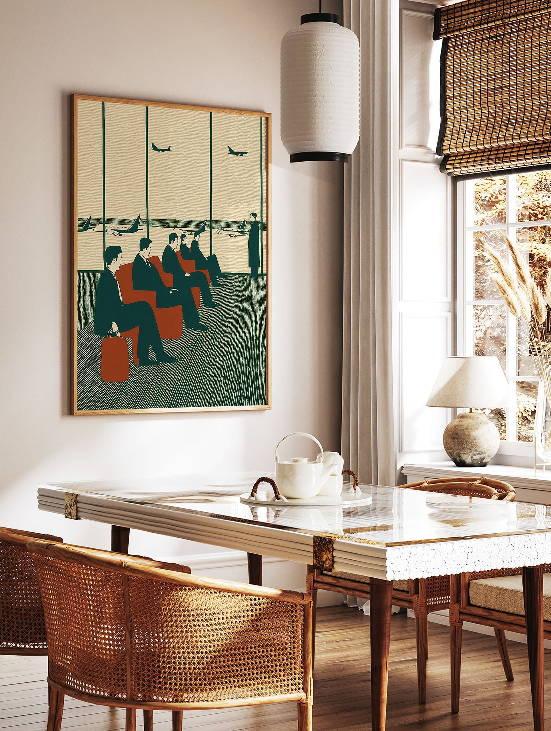 Mid-century airport lounge art print showing men in suits waiting for flights with planes visible outside the window. - Image 3