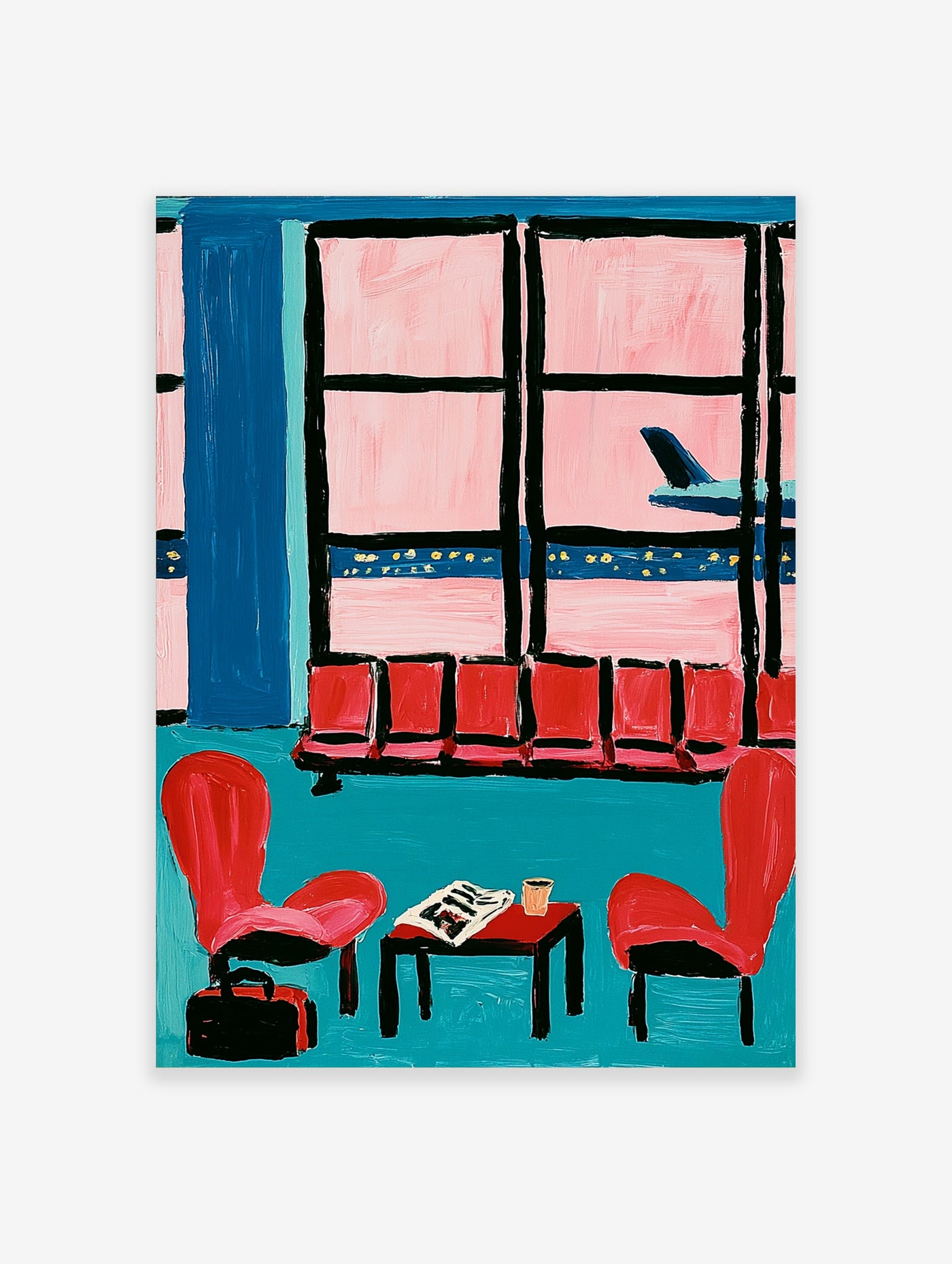 Airport lounge illustration with red chairs, teal floor, pink windows, and a blue airplane outside