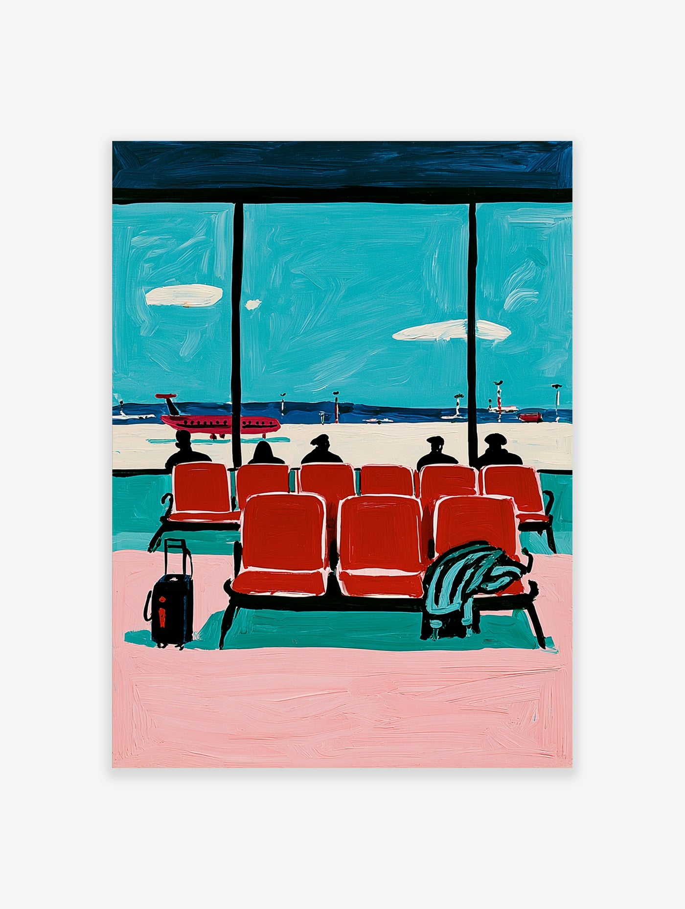 Airport lounge with red seats and red plane on tarmac, teal sky, pink floor, unframed paper print