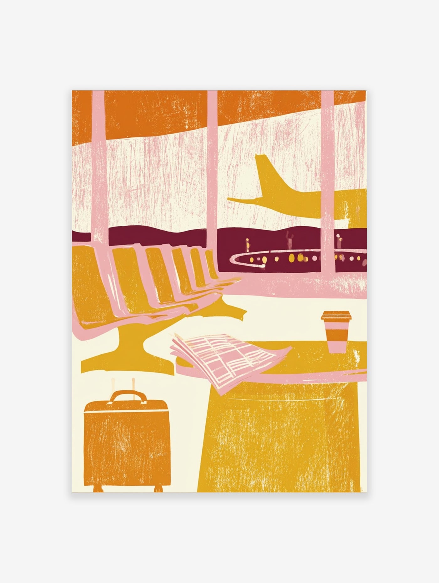 Retro airport lounge illustration with orange seats, suitcase, coffee cup, and plane through window