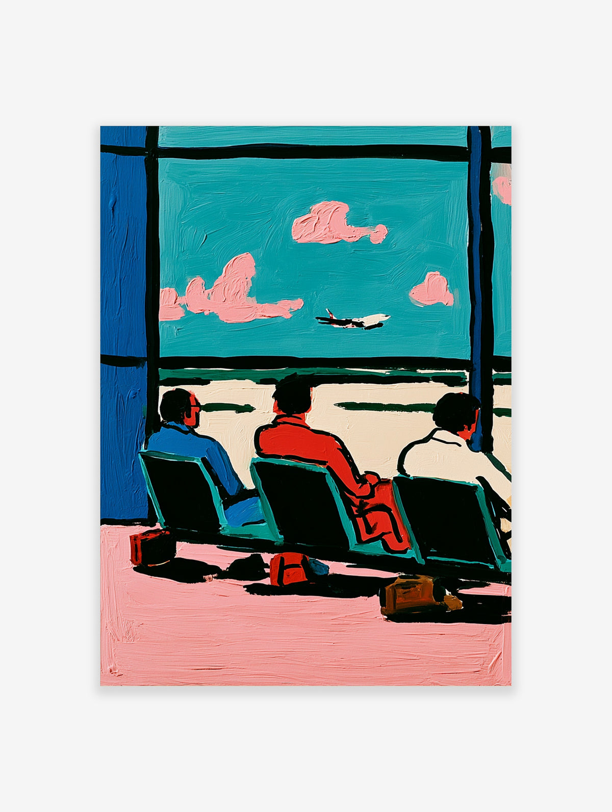 Three men sitting in airport lounge watching plane take off, teal sky pink clouds, bold brushstrokes
