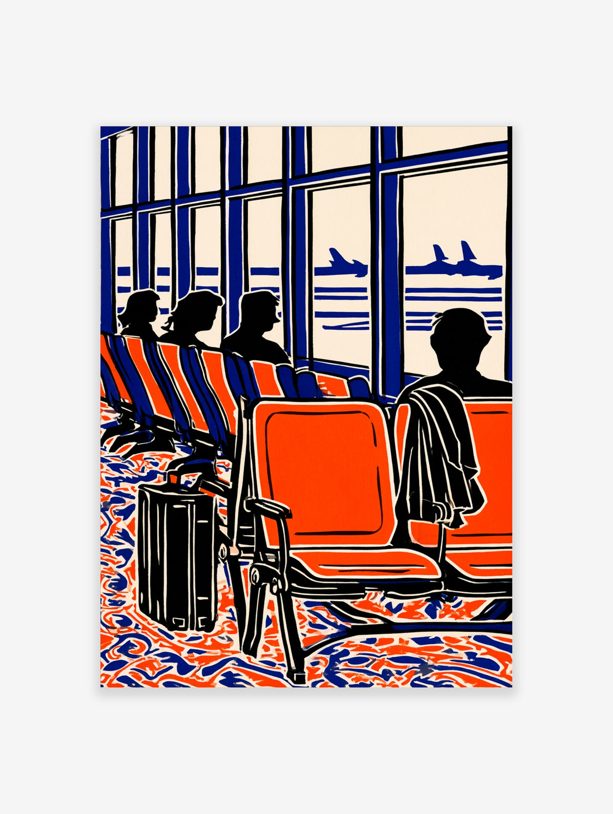 Airport lounge illustration with silhouetted people, orange seats, and planes through windows in blue and orange