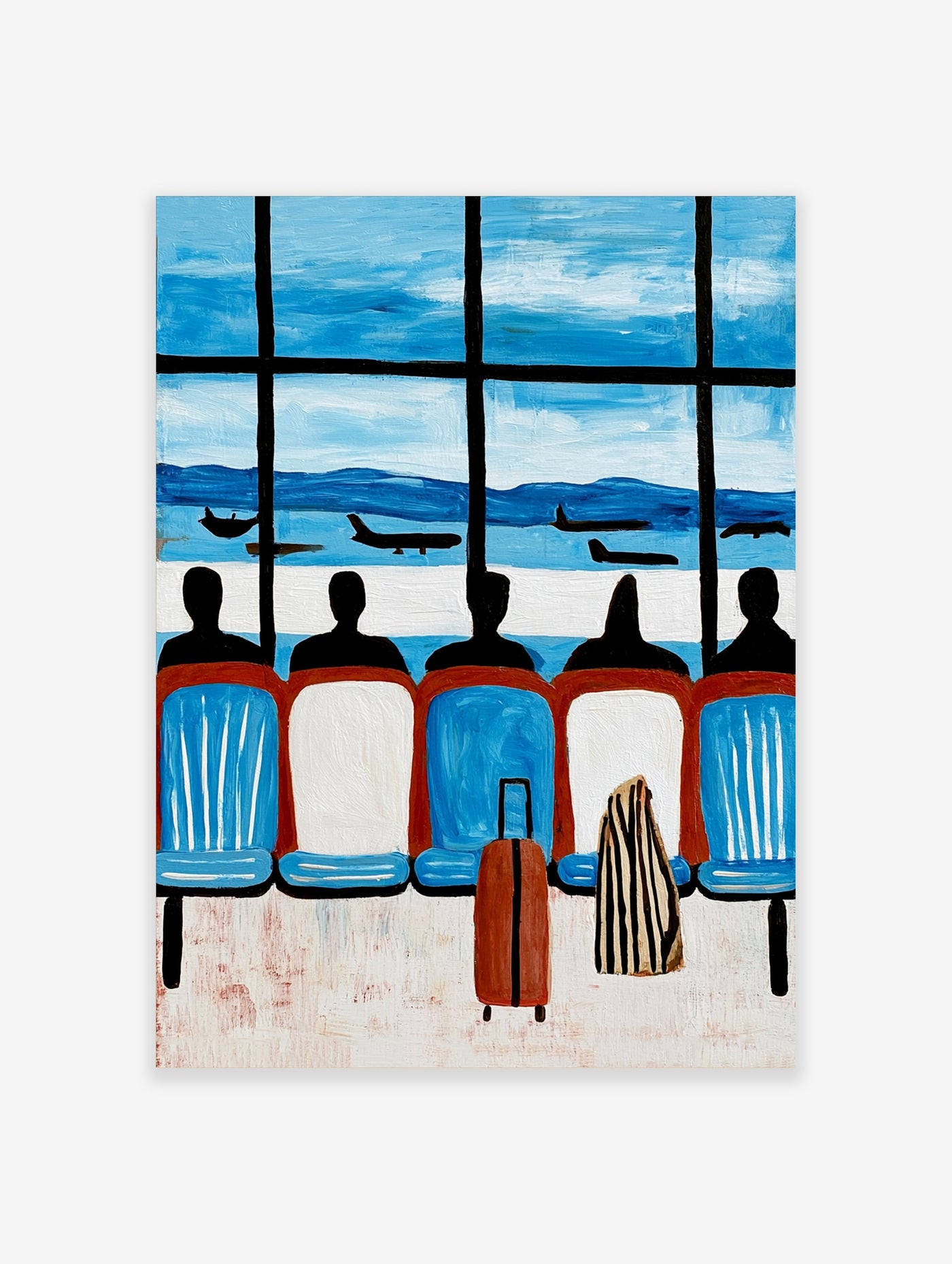 Airport terminal wall art with five silhouettes on blue chairs, luggage, and planes outside windows