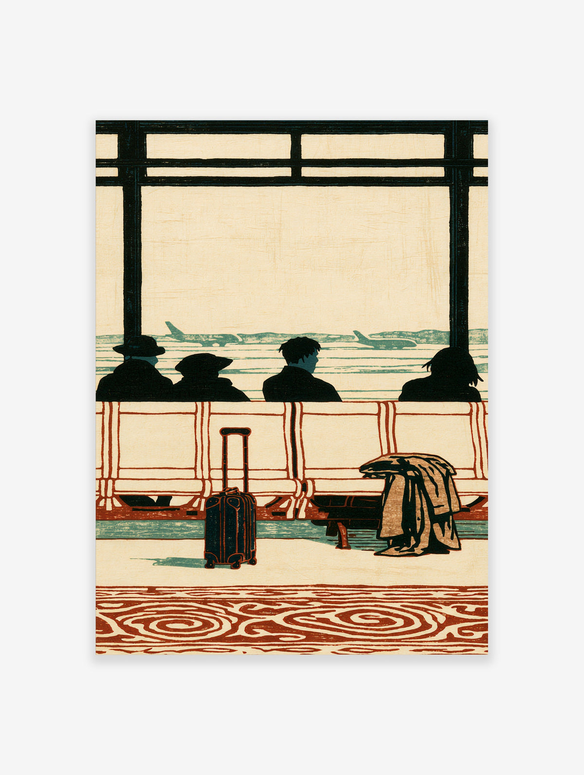 Airport terminal art print with silhouetted travellers, suitcase, and planes outside windows