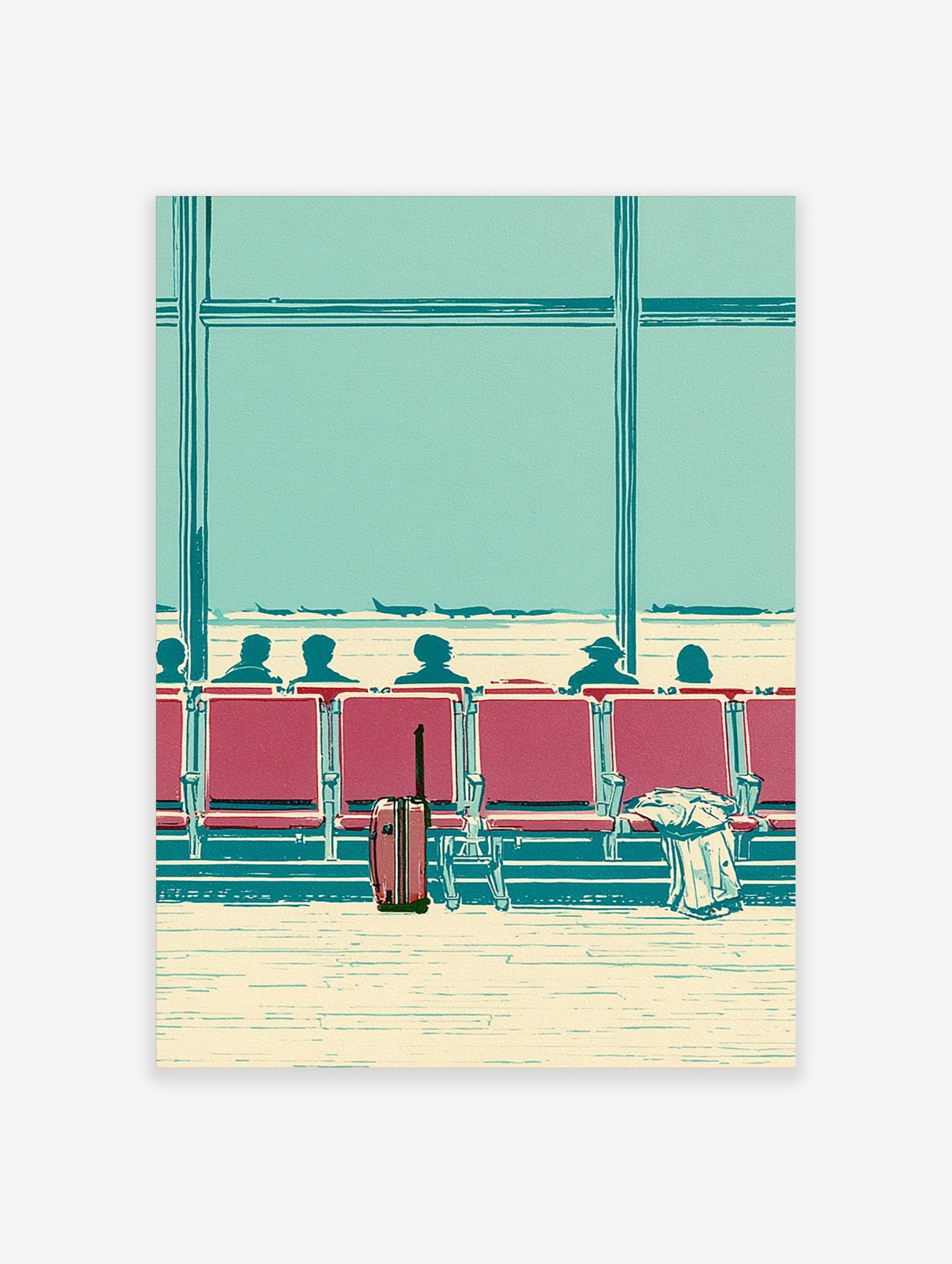 Airport terminal illustration with red seats, travellers, suitcase, and planes in teal and red