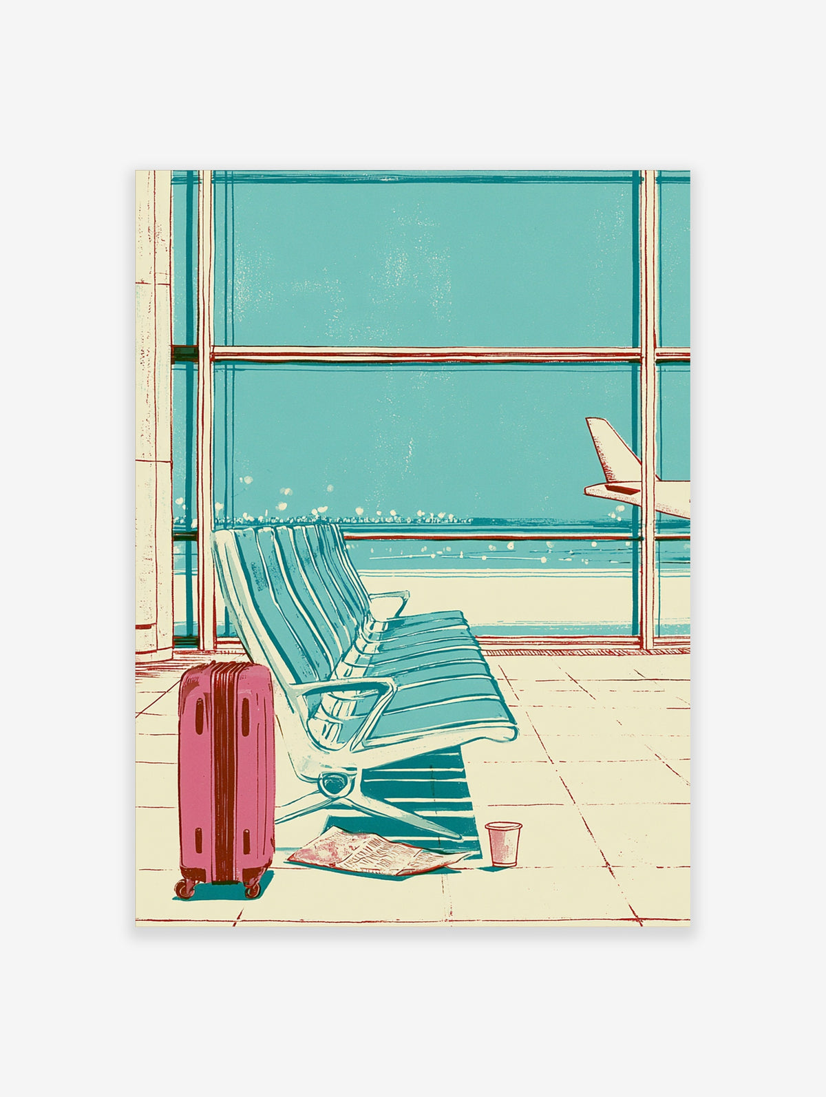 Teal airport illustration with pink suitcase, blue seats, and airplane tail through window