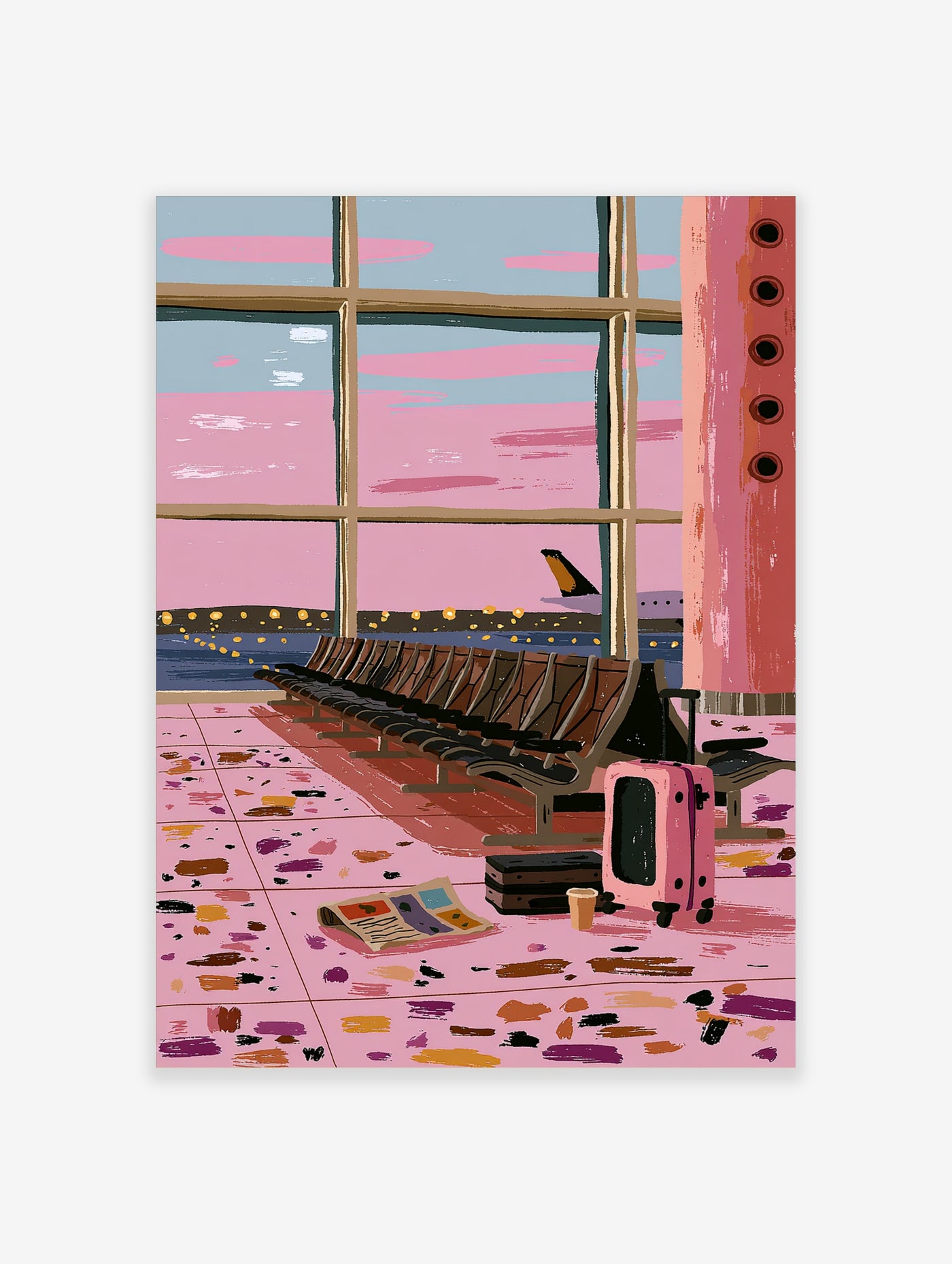 Pink airport waiting area illustration with empty seats, suitcase, newspaper, and plane through window