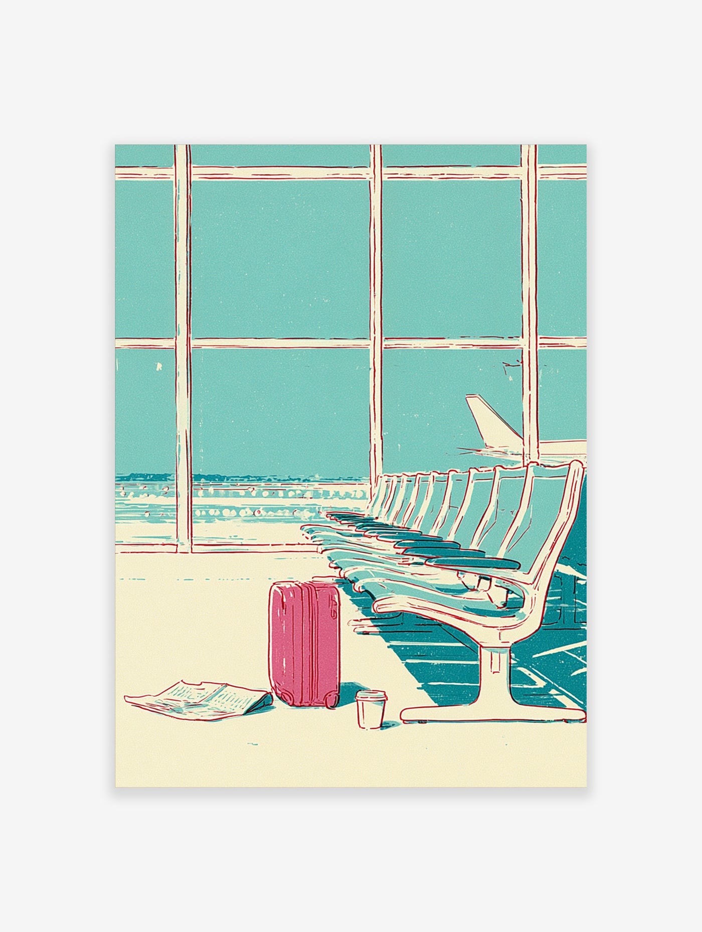 Teal airport waiting area illustration with pink suitcase, newspaper, and coffee cup, airplane tail outside window