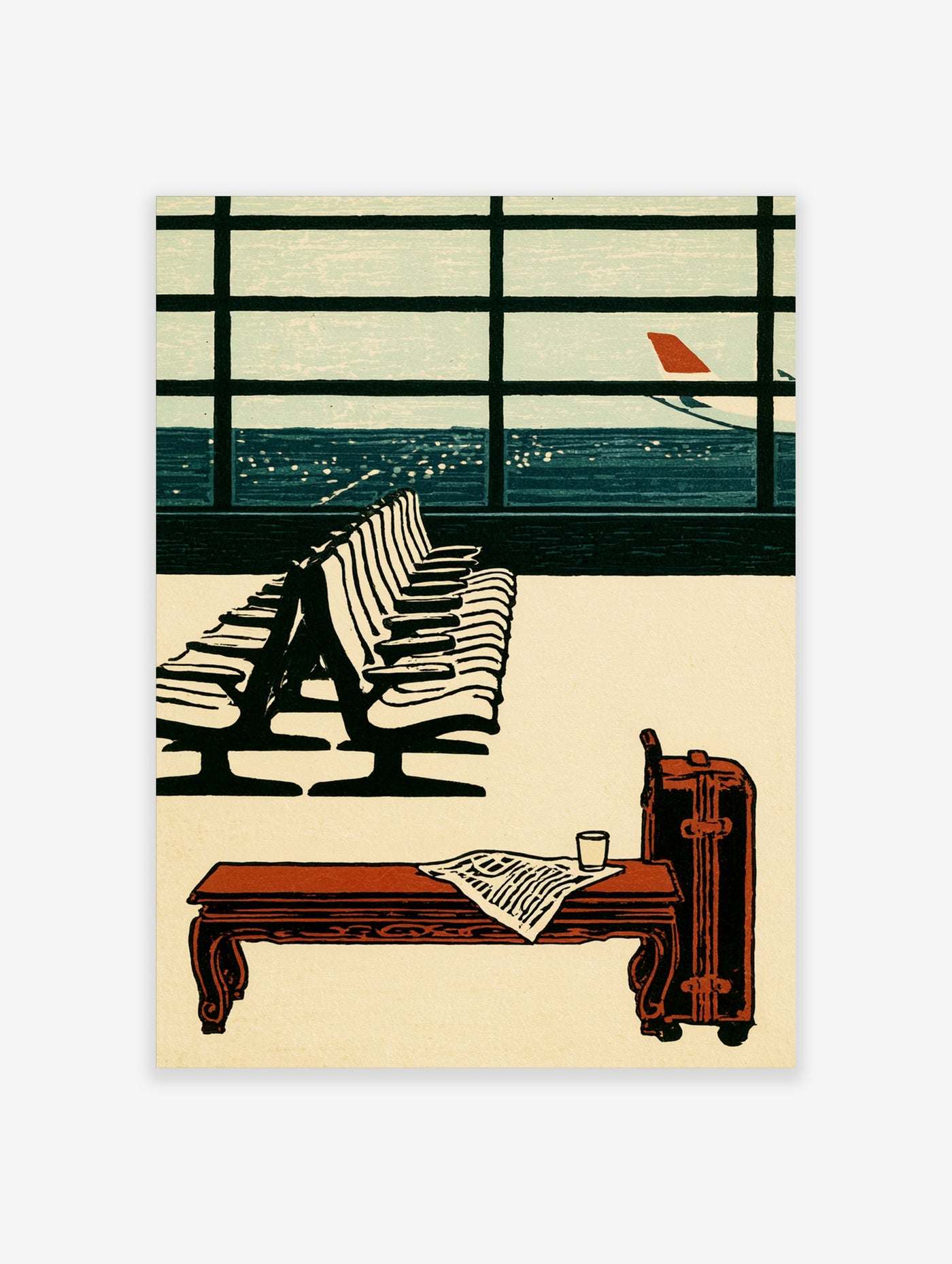 Airport waiting room with rows of seats, window with plane, red suitcase on bench, retro travel poster