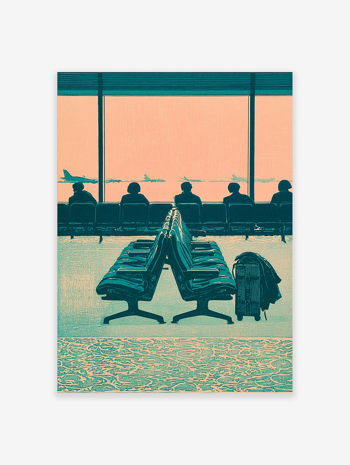 Airport waiting room art print with silhouetted passengers and planes, teal and peach palette