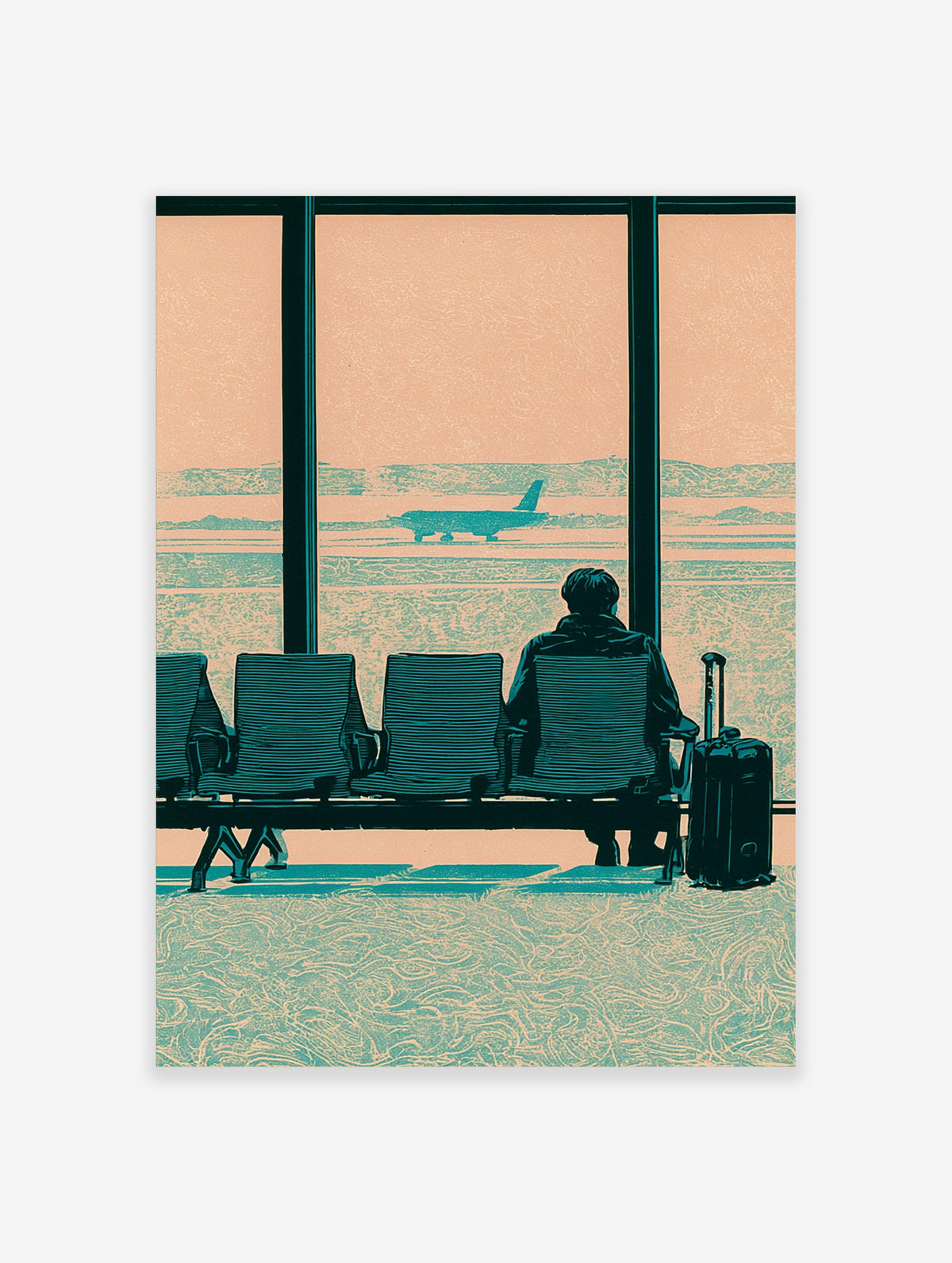 Airport window poster of a seated traveller watching a plane on the tarmac, teal and peach departure lounge print
