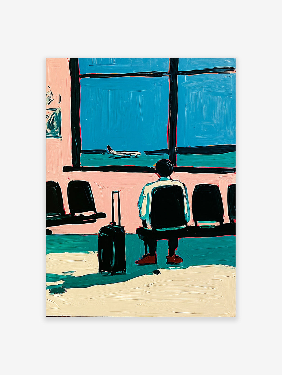 Airport departure lounge poster with seated traveller, suitcase and plane seen through blue windows