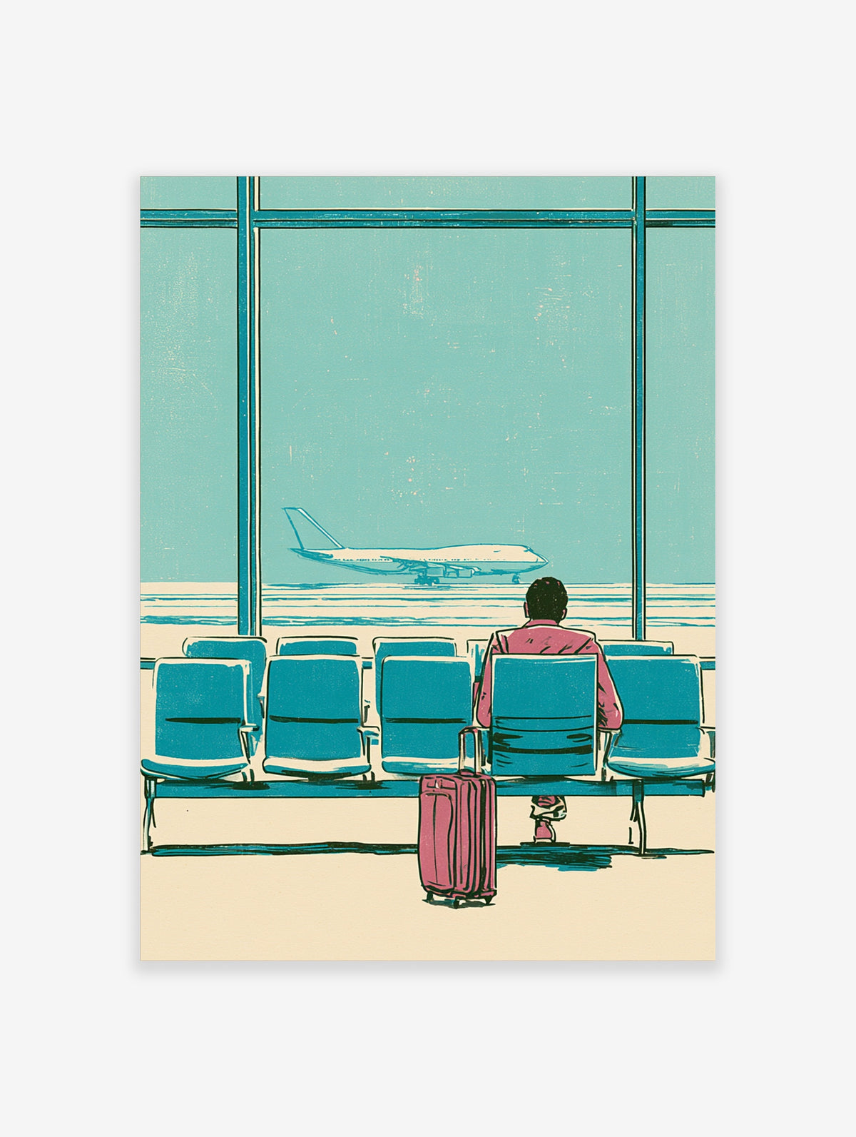 Illustration of a person with a pink suitcase watching a plane through an airport window, in teal and pink tones