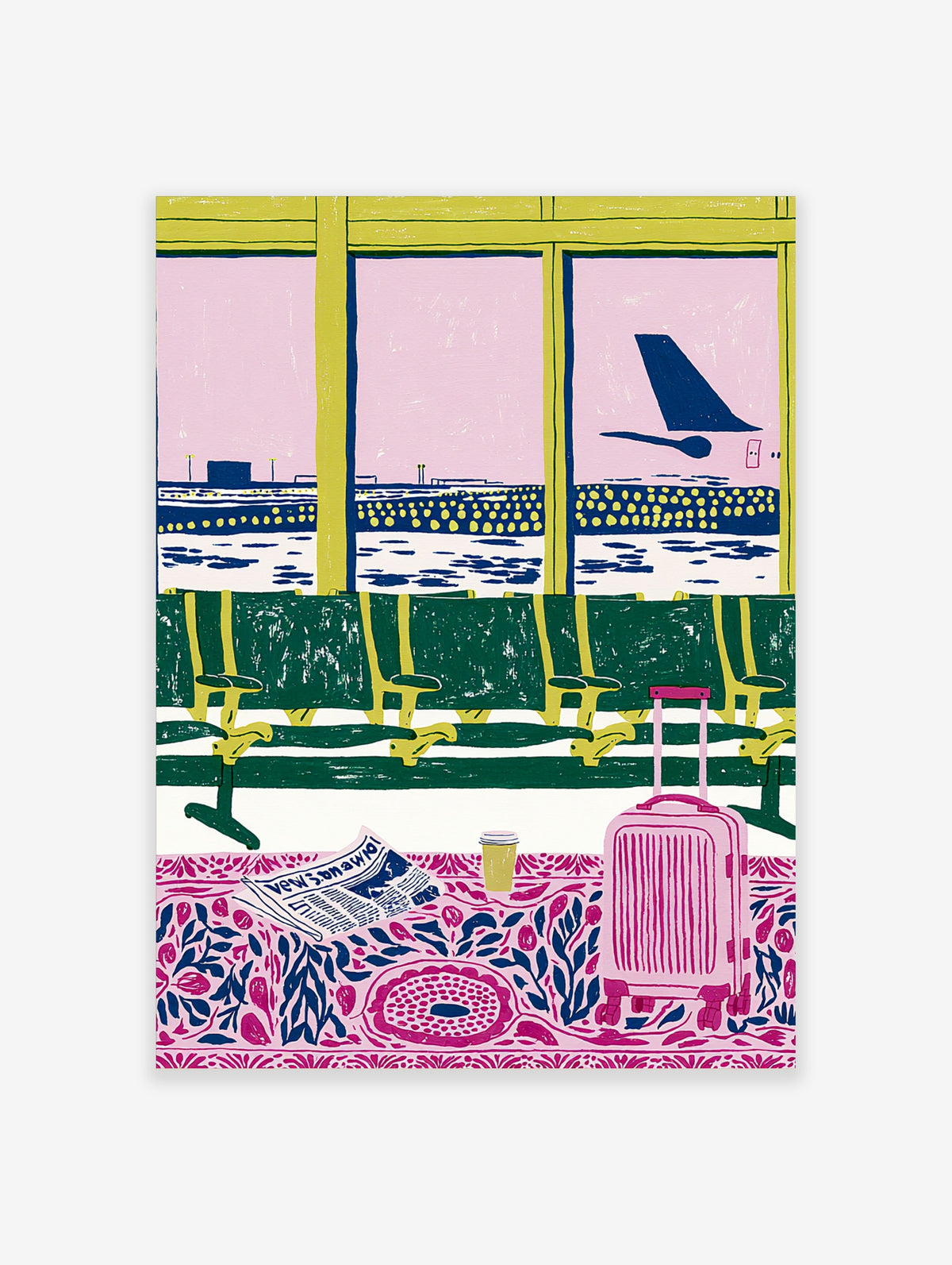 Airport window illustration with pink sky, green seats, pink suitcase, and newspaper on floral floor