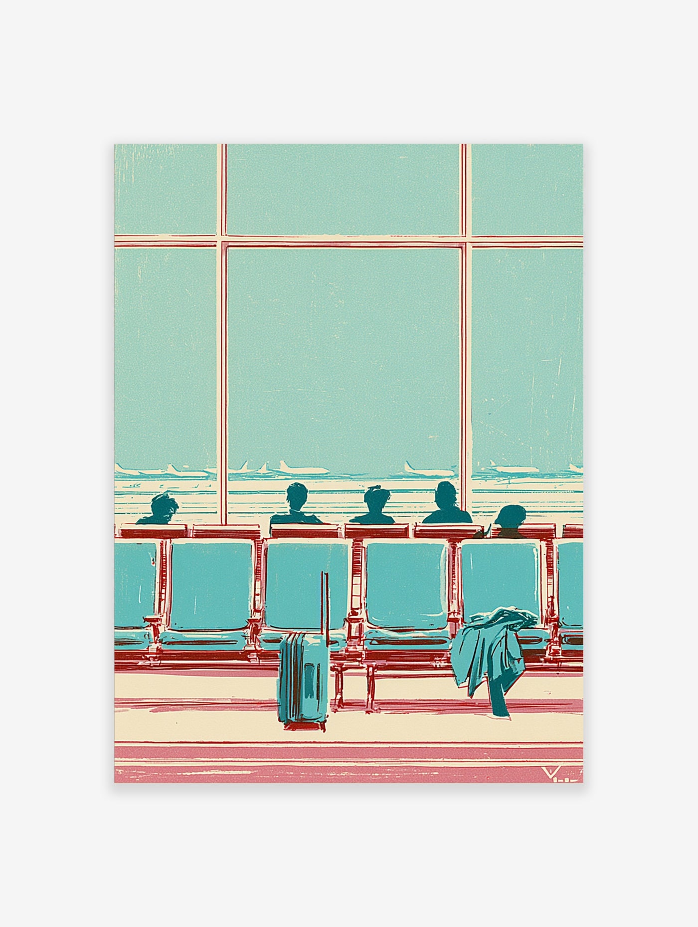 Airport window wall art with silhouetted passengers and luggage, teal and red illustration