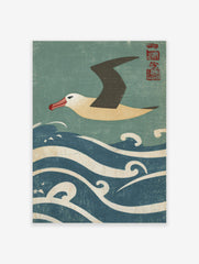 Japanese style albatross flying over blue and white waves with red kanji seal in the corner
