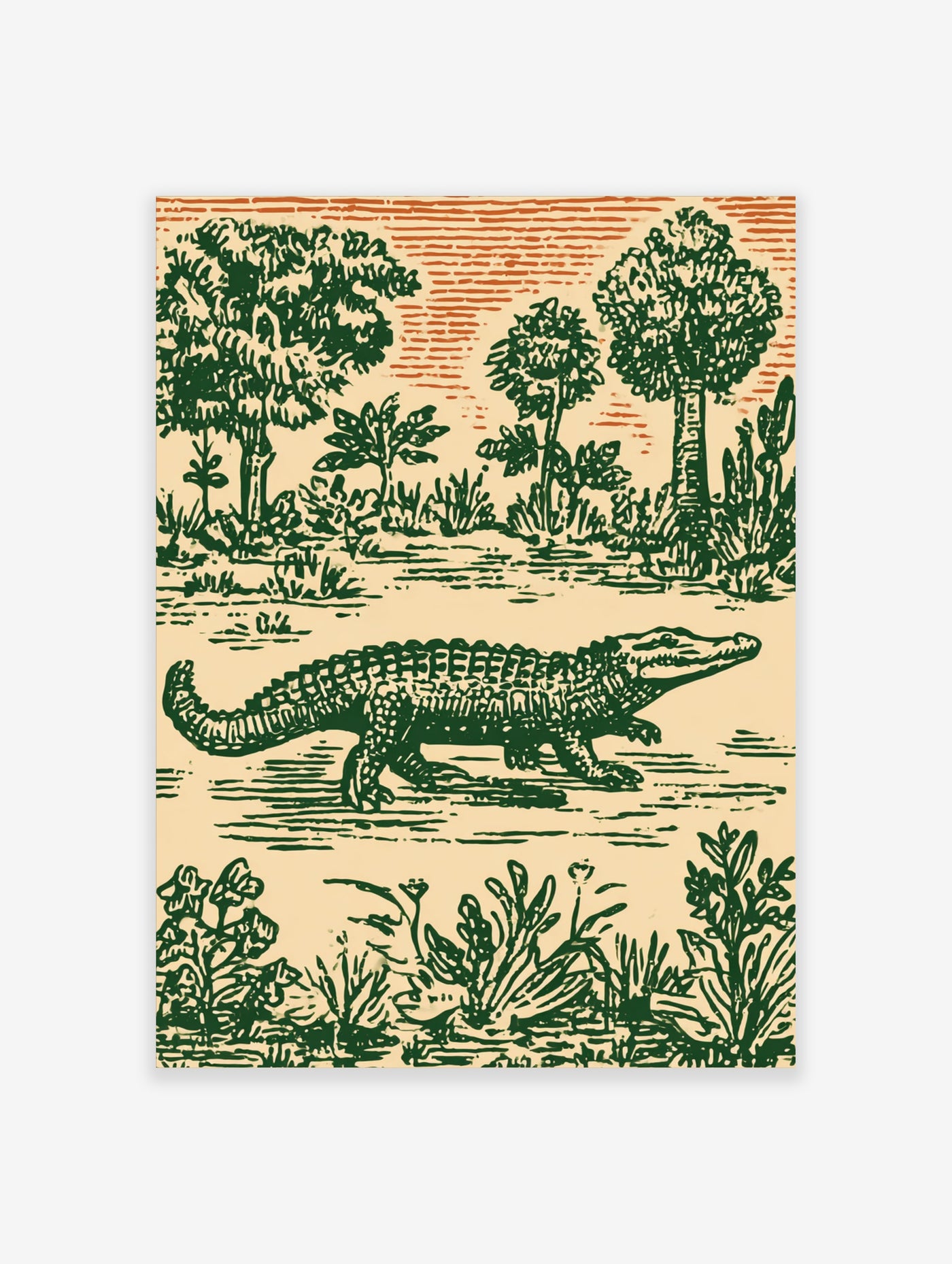 Alligator in swamp with trees and orange sky, green illustrative wildlife art print