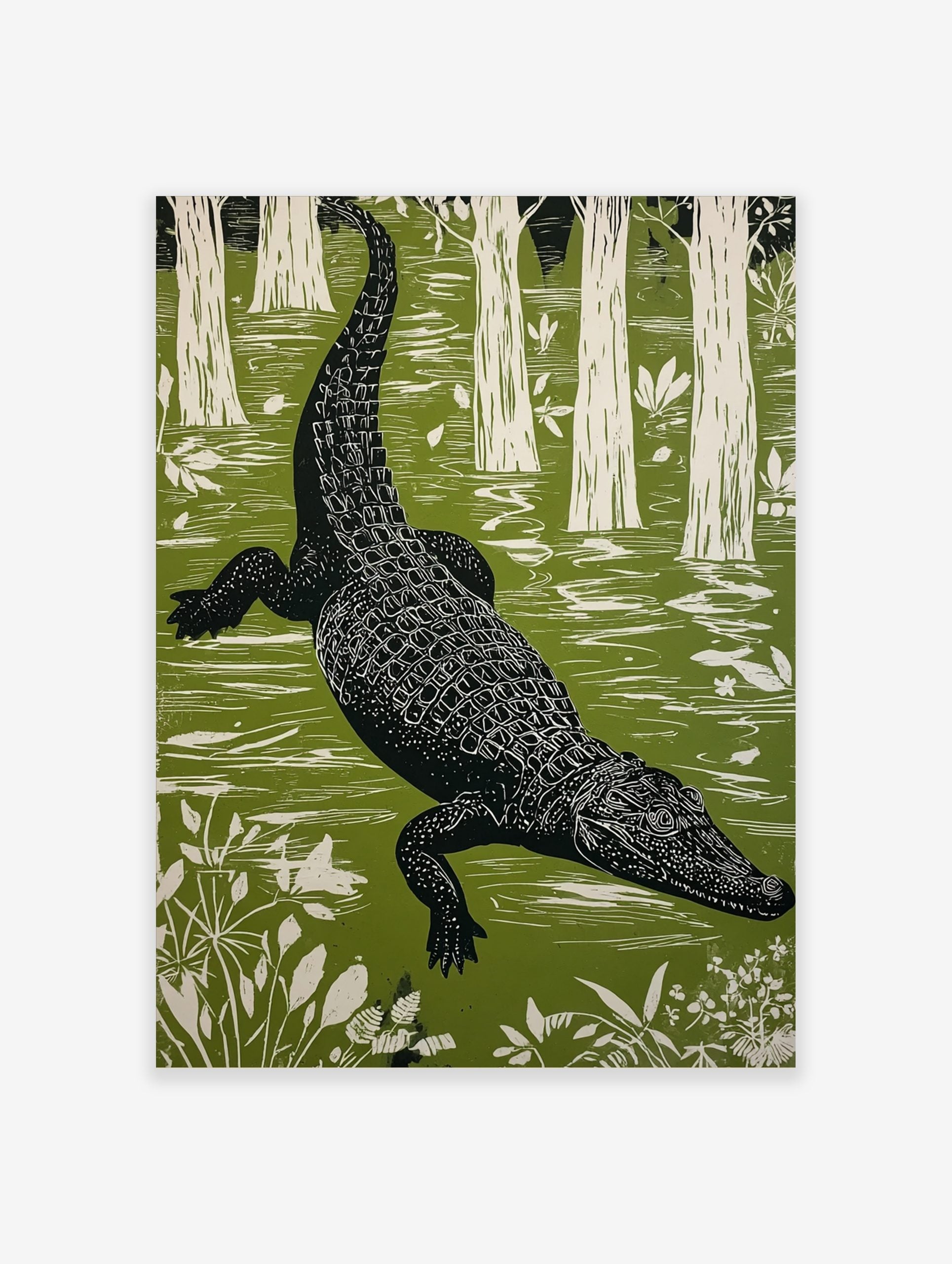 Linocut style alligator wall art swimming in a green swamp with white trees and plants in portrait orientation