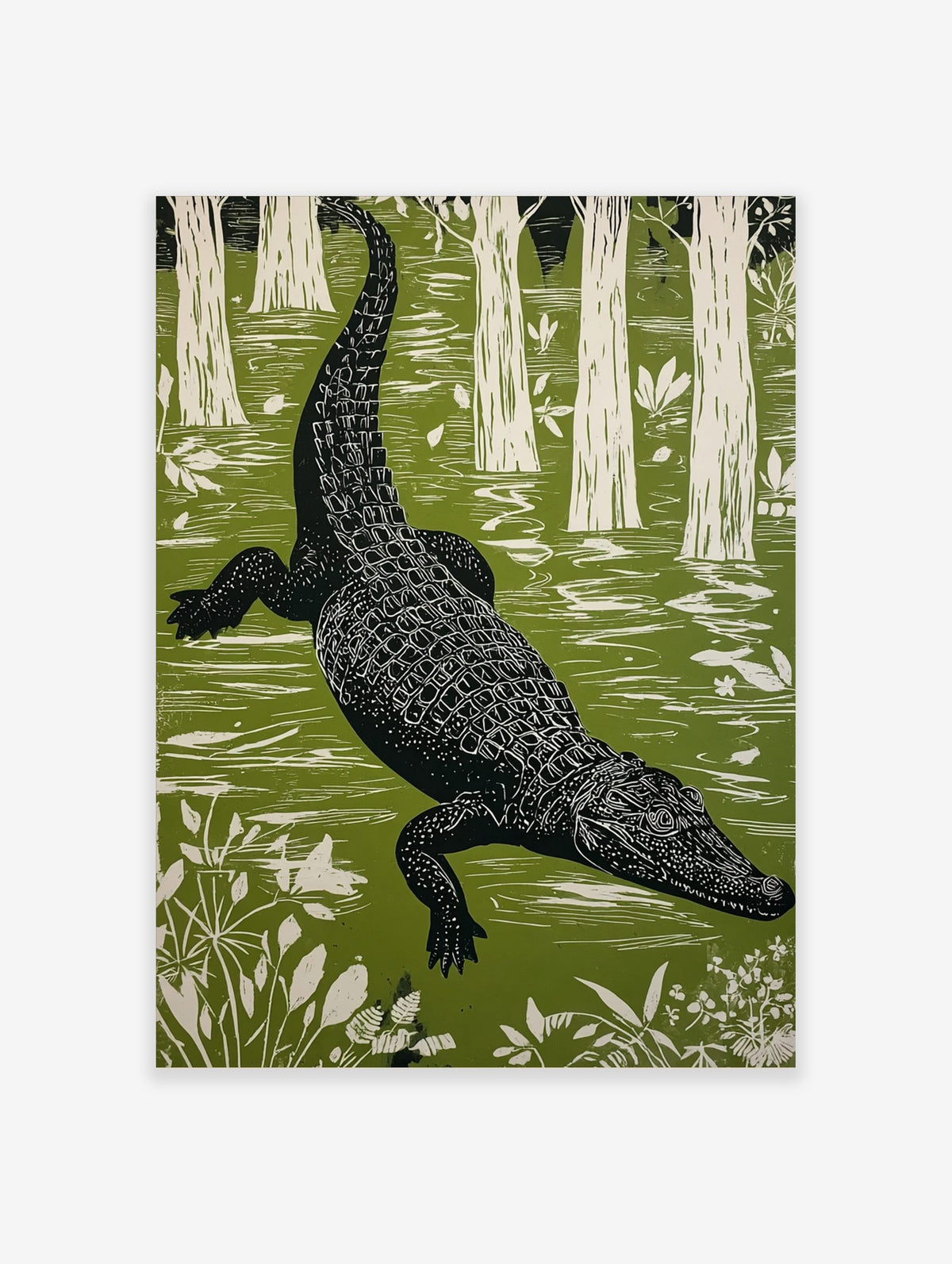 Linocut style alligator wall art swimming in a green swamp with white trees and plants in portrait orientation
