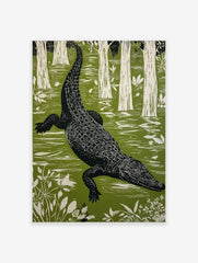 Linocut style alligator wall art swimming in a green swamp with white trees and plants in portrait orientation