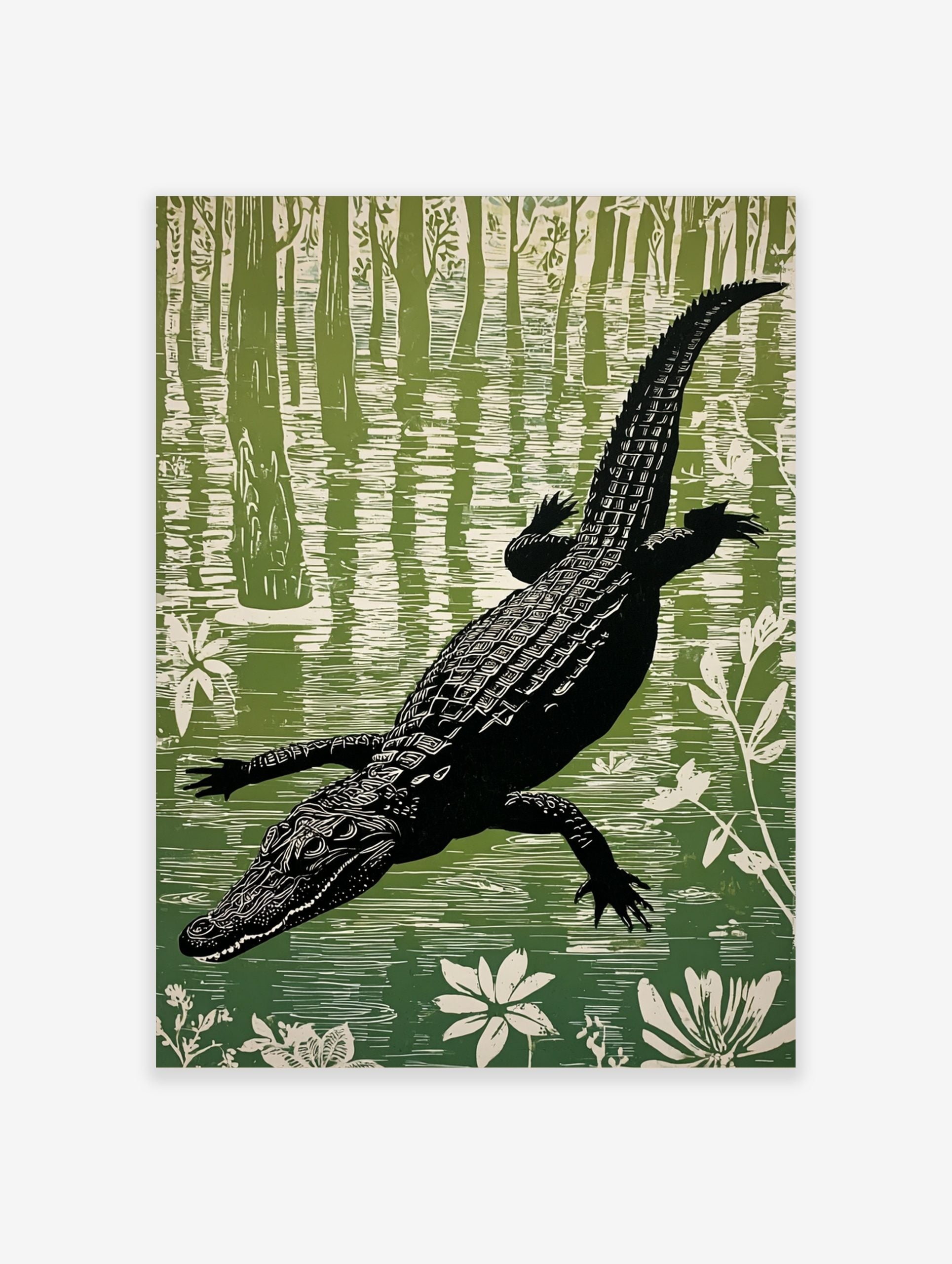 Illustrative linocut style print of a black alligator swimming in a green and white swamp with trees and water lilies