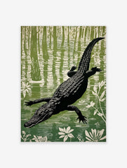 Illustrative linocut style print of a black alligator swimming in a green and white swamp with trees and water lilies
