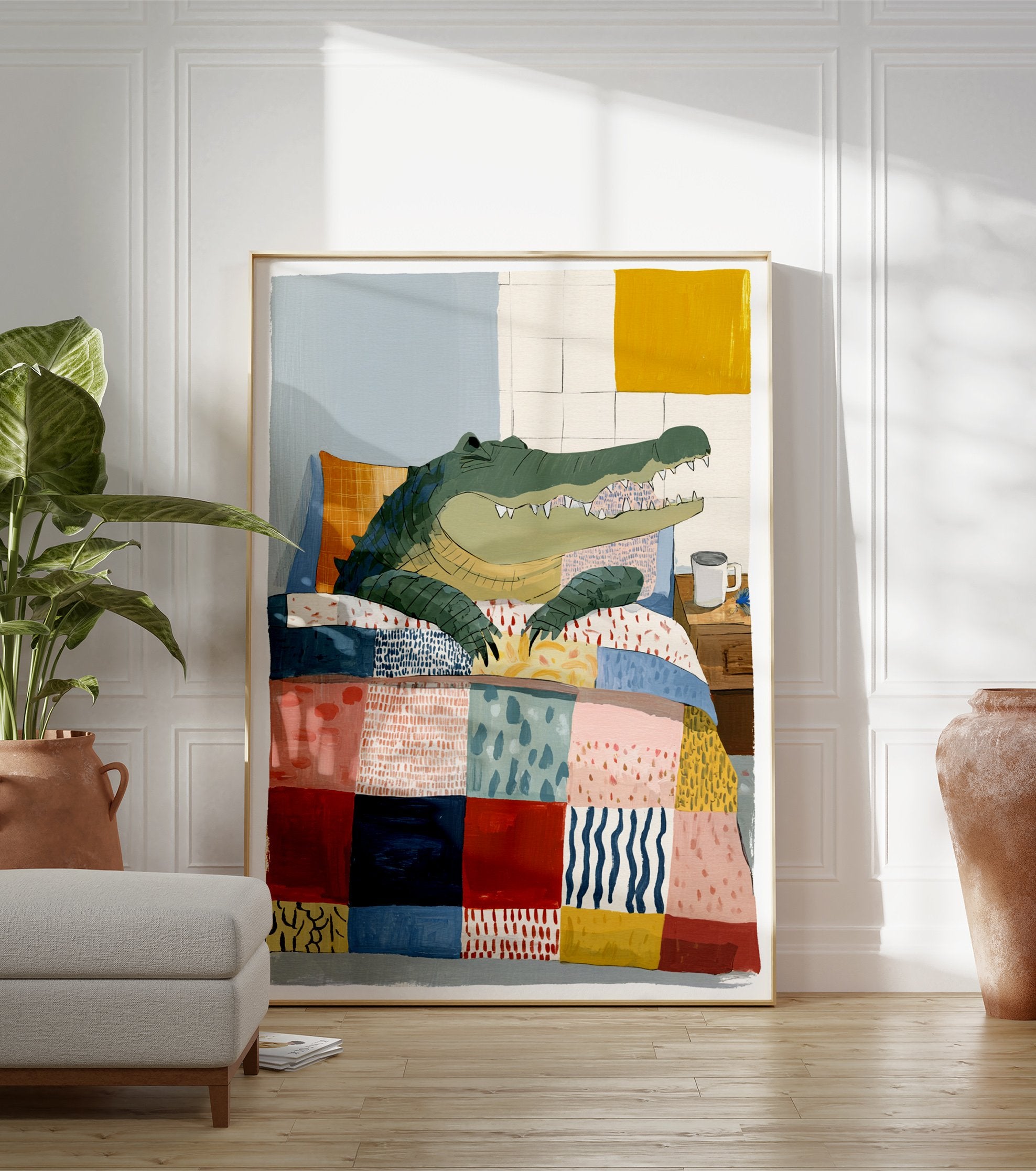 Illustrated alligator in a colorful patchwork bed with a mug on the nightstand, charming animal wall art print. - Image 3