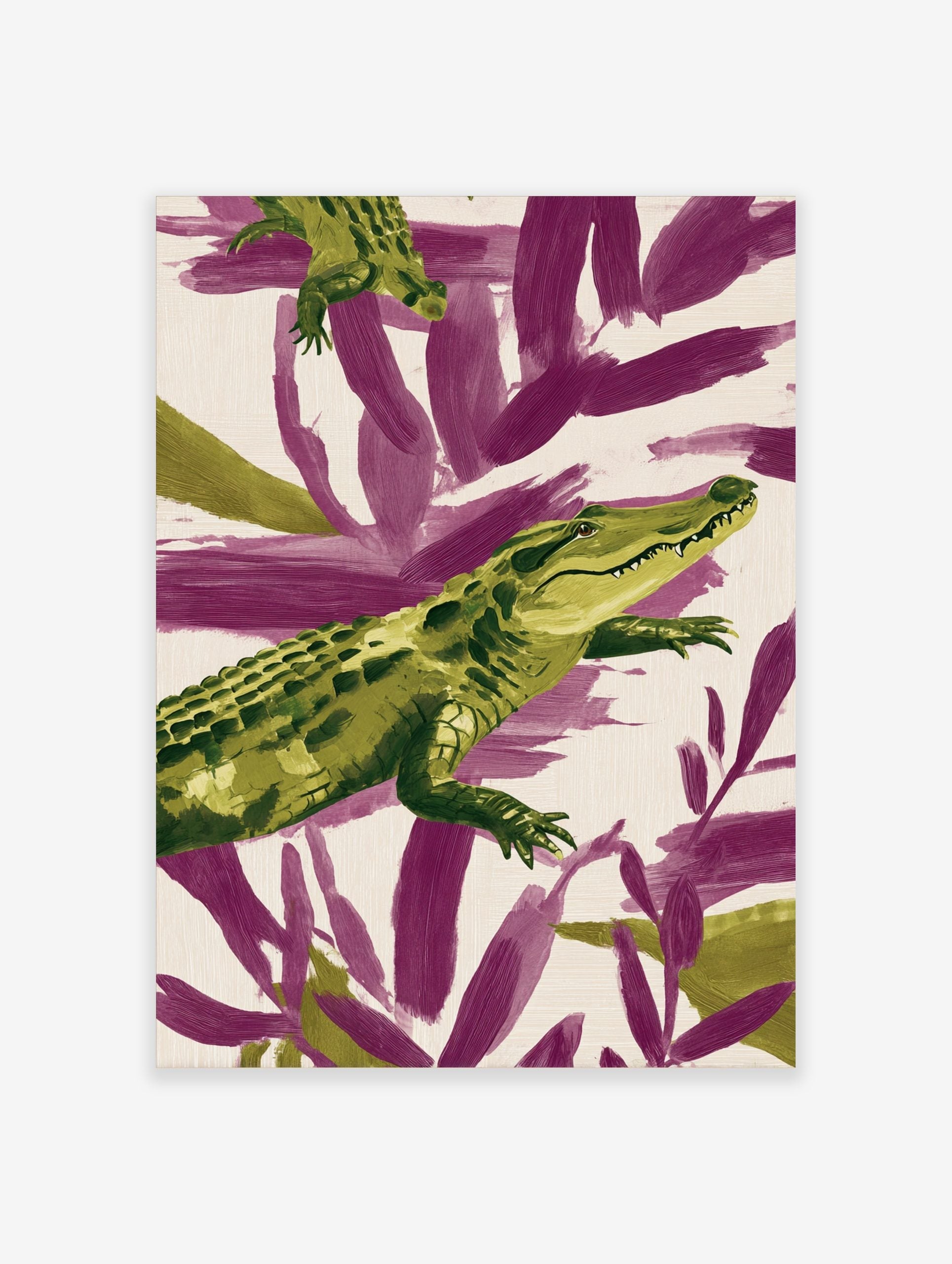 Green alligator illustration against purple and cream abstract brushstrokes
