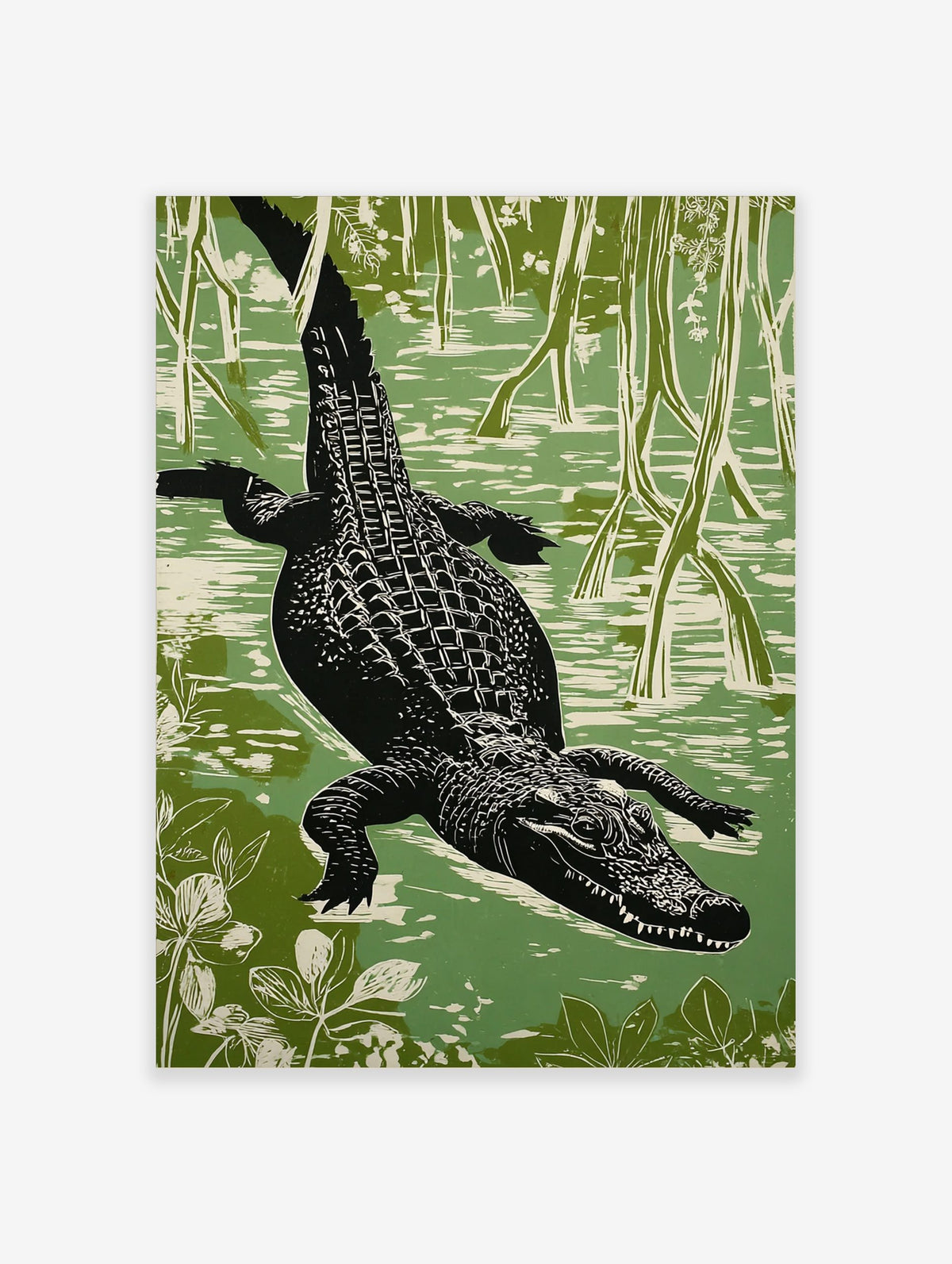 Linocut style alligator swimming through a green swamp, viewed from above, with roots and foliage
