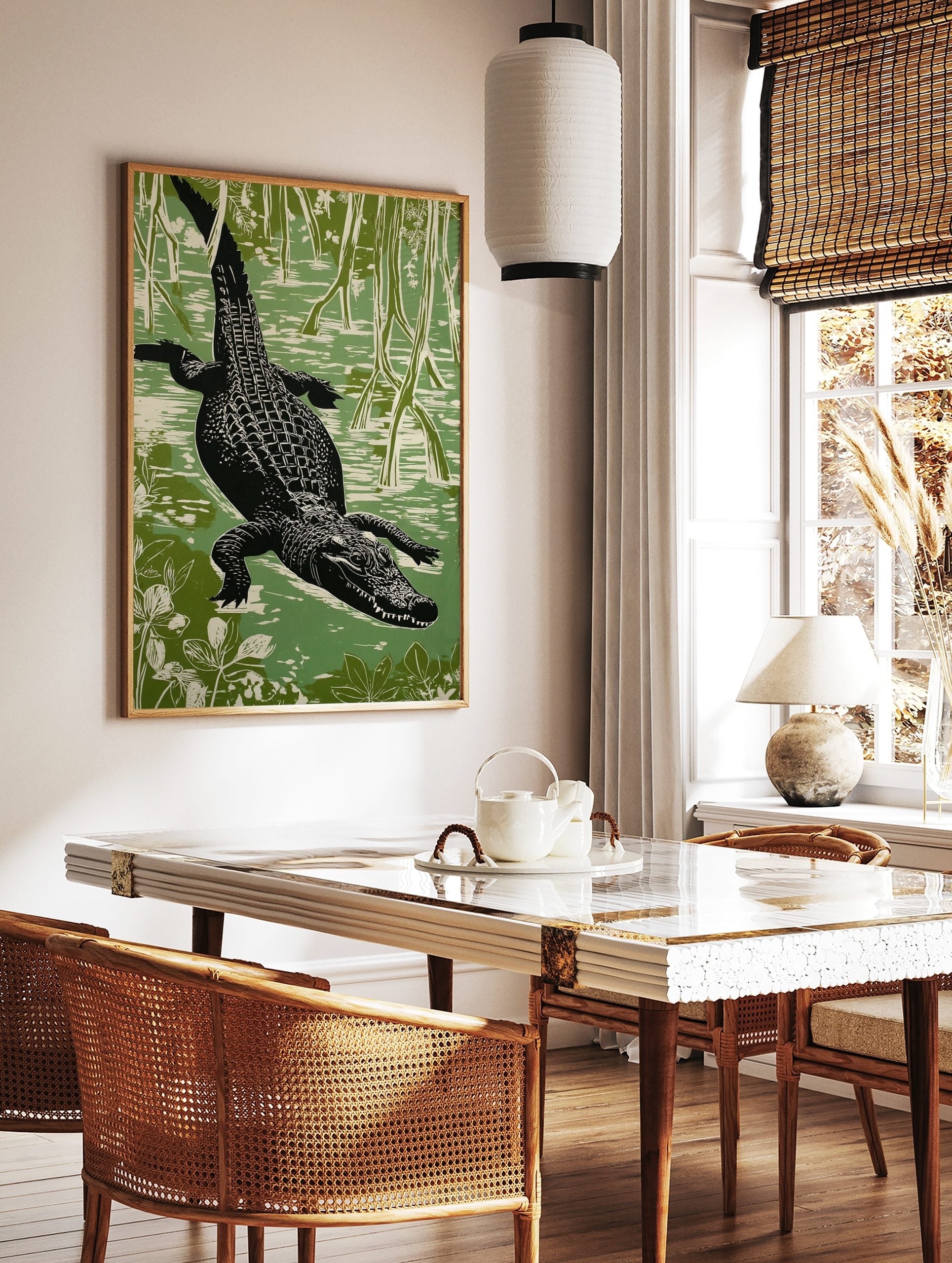 Linocut style alligator swimming through a green swamp, viewed from above, with roots and foliage, in a styled room mockup