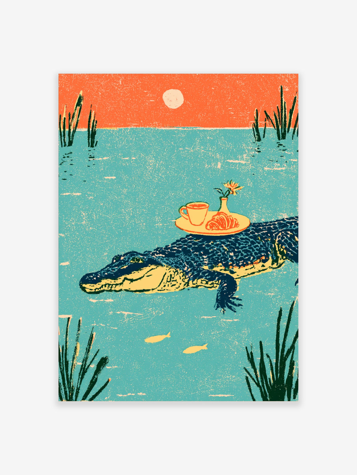 Surreal alligator floating with breakfast tray in teal water under orange sky, animal art print