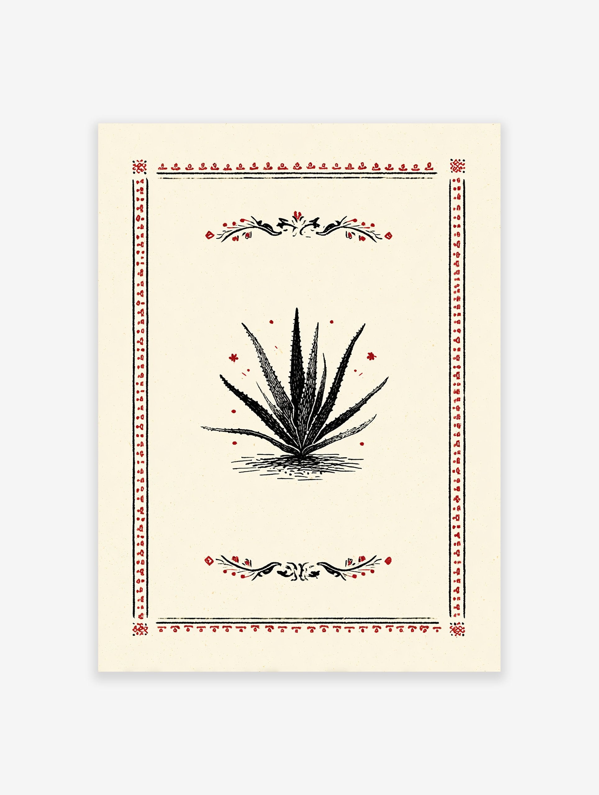 Vintage style poster featuring a black aloe vera plant illustration with red decorative borders and accents on a cream background.