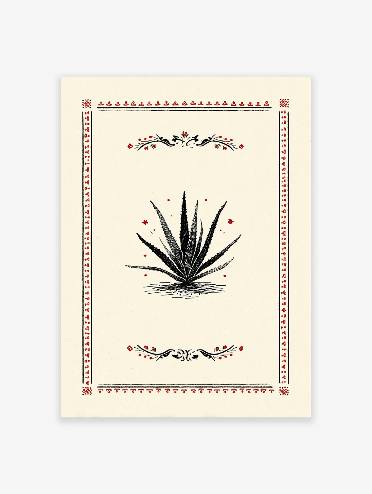 Vintage style poster featuring a black aloe vera plant illustration with red decorative borders and accents on a cream background.