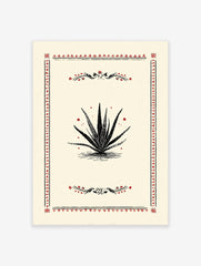 Vintage style poster featuring a black aloe vera plant illustration with red decorative borders and accents on a cream background.