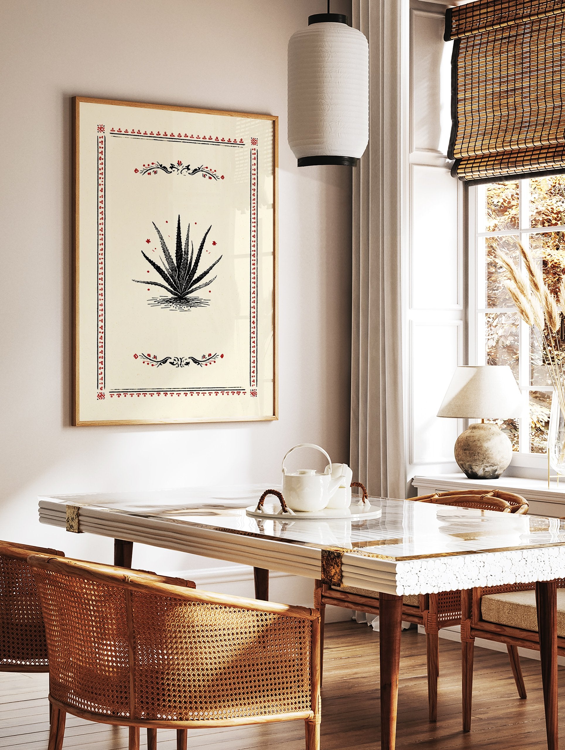 Vintage style poster featuring a black aloe vera plant illustration with red decorative borders and accents on a cream background. - Image 2