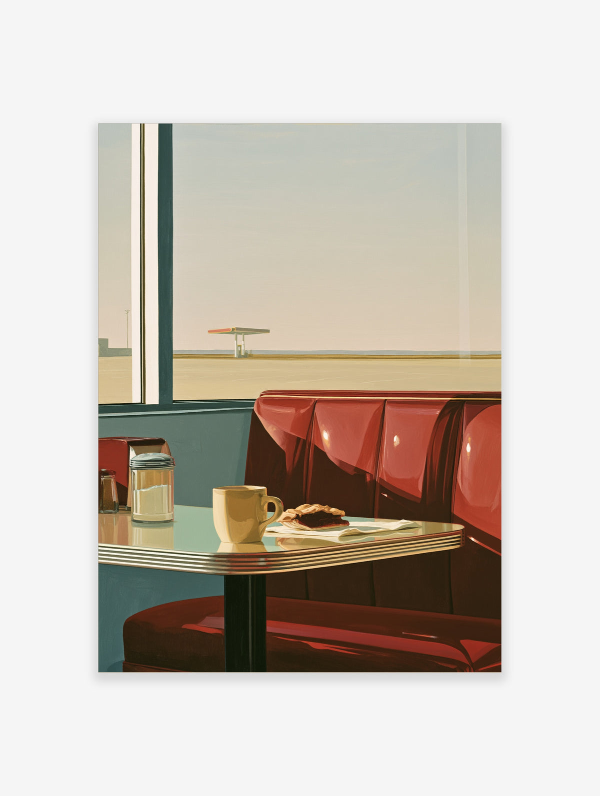 Retro diner booth poster with red vinyl seating, coffee cup, and gas station view through window