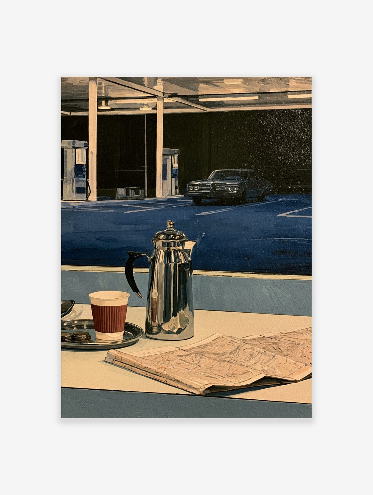 American diner night art print with chrome coffee pot, paper cup, road map, and classic car at gas station
