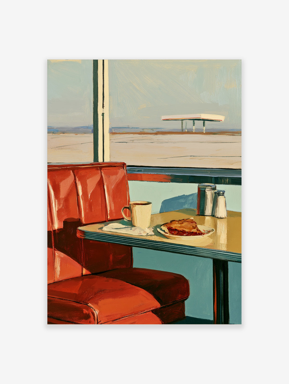 Red diner booth with coffee cup and pie beside window showing gas station canopy