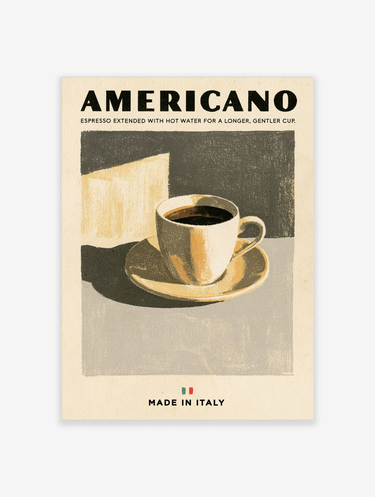 Americano coffee poster with retro espresso cup illustration and bold typography on beige background
