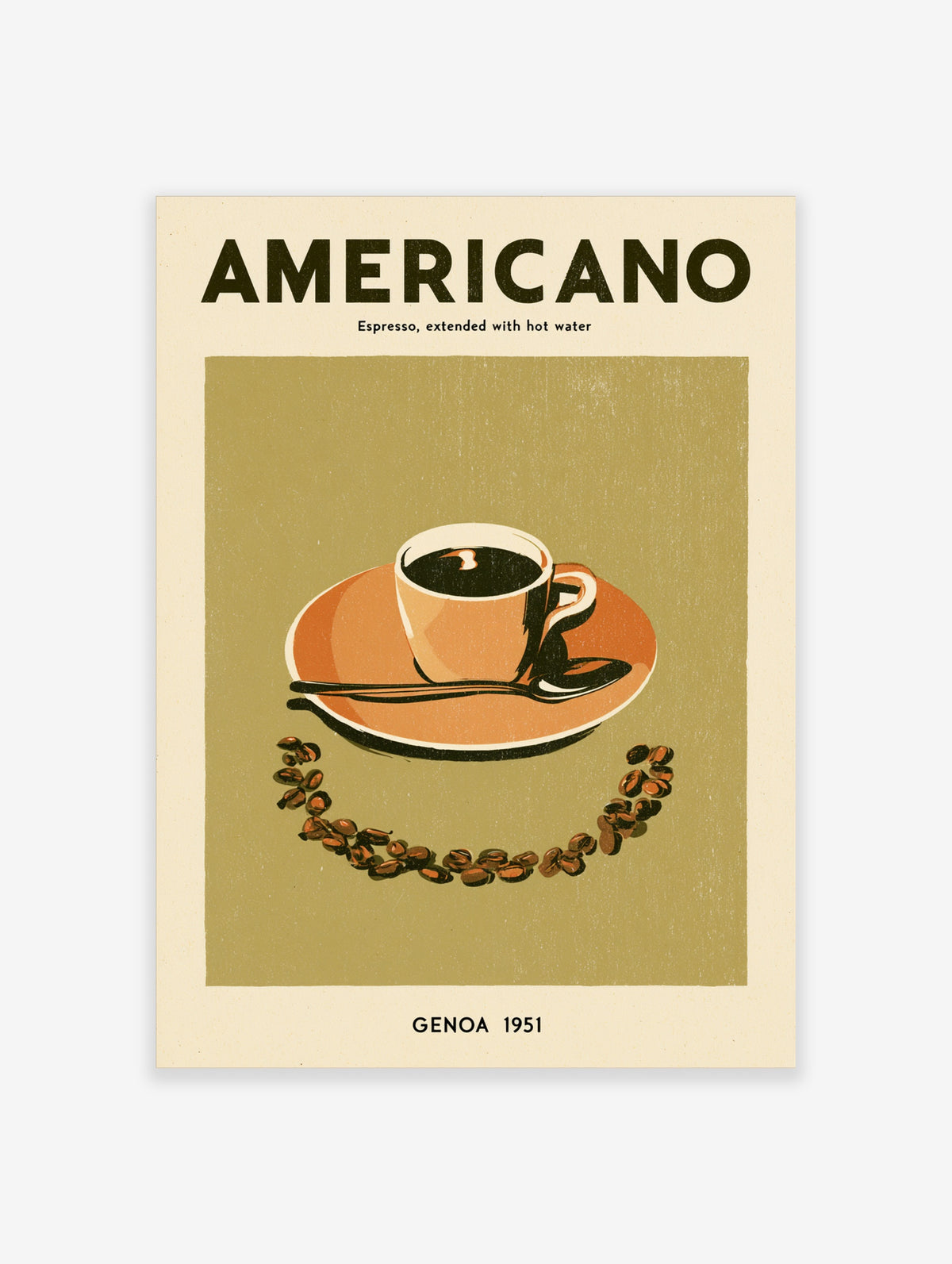Retro Americano coffee poster with cup, saucer, spoon and coffee beans on olive background