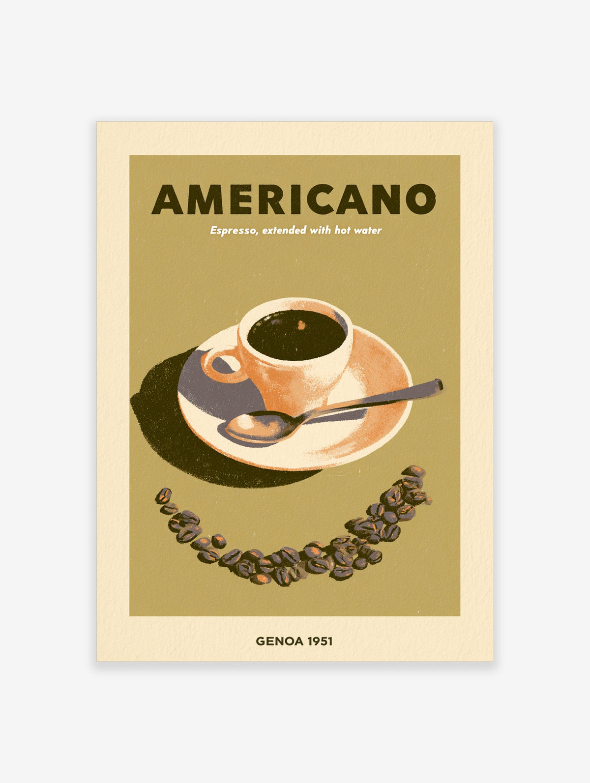 Retro Americano coffee poster with cup, saucer, spoon, and coffee beans on olive background