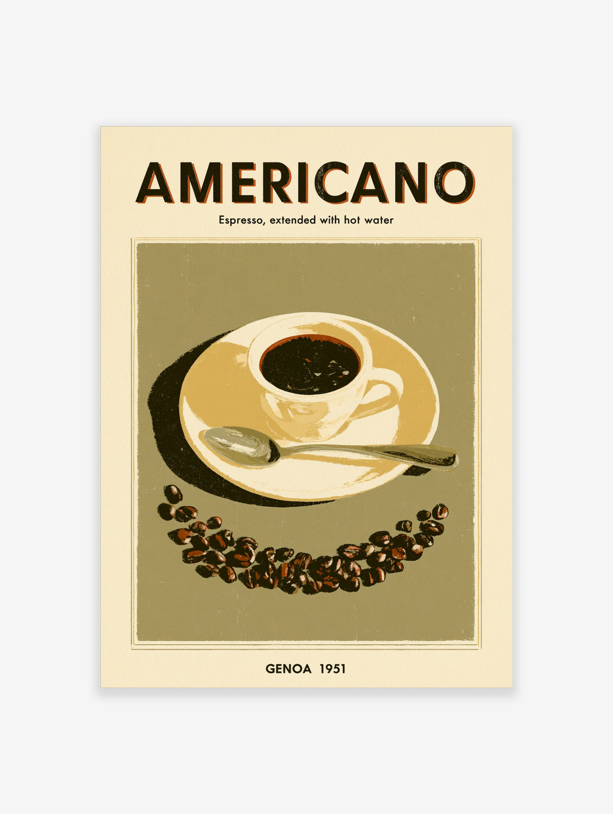 Americano coffee poster with white cup and saucer, spoon, coffee beans, and bold typography on olive background