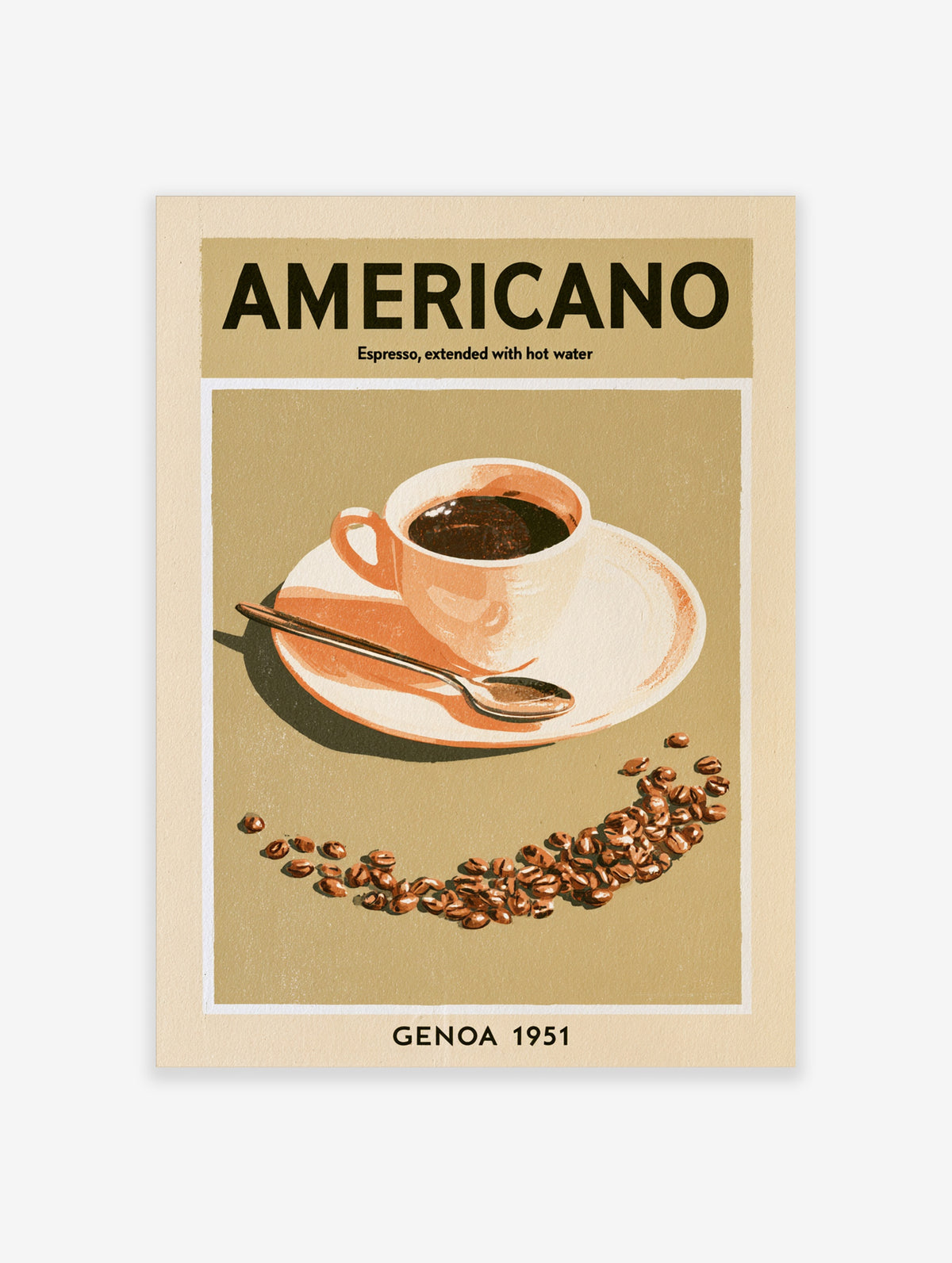 Americano coffee poster with vintage cup, saucer, spoon, scattered beans and bold typography on tan background