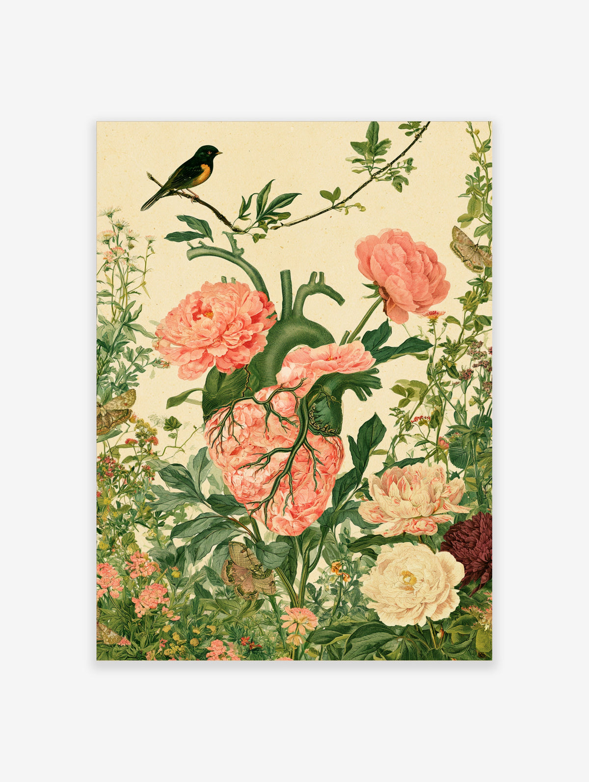 Anatomical heart floral poster with pink peonies, green vines, and a black and yellow bird