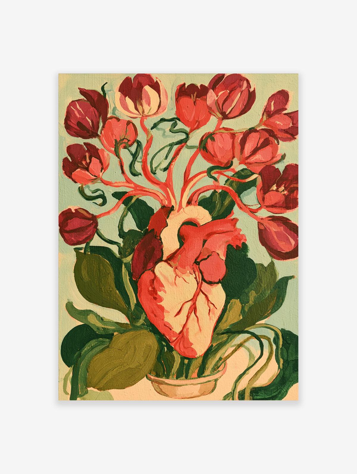 Anatomical heart poster with red tulips growing from arteries and green leaves on pale blue background