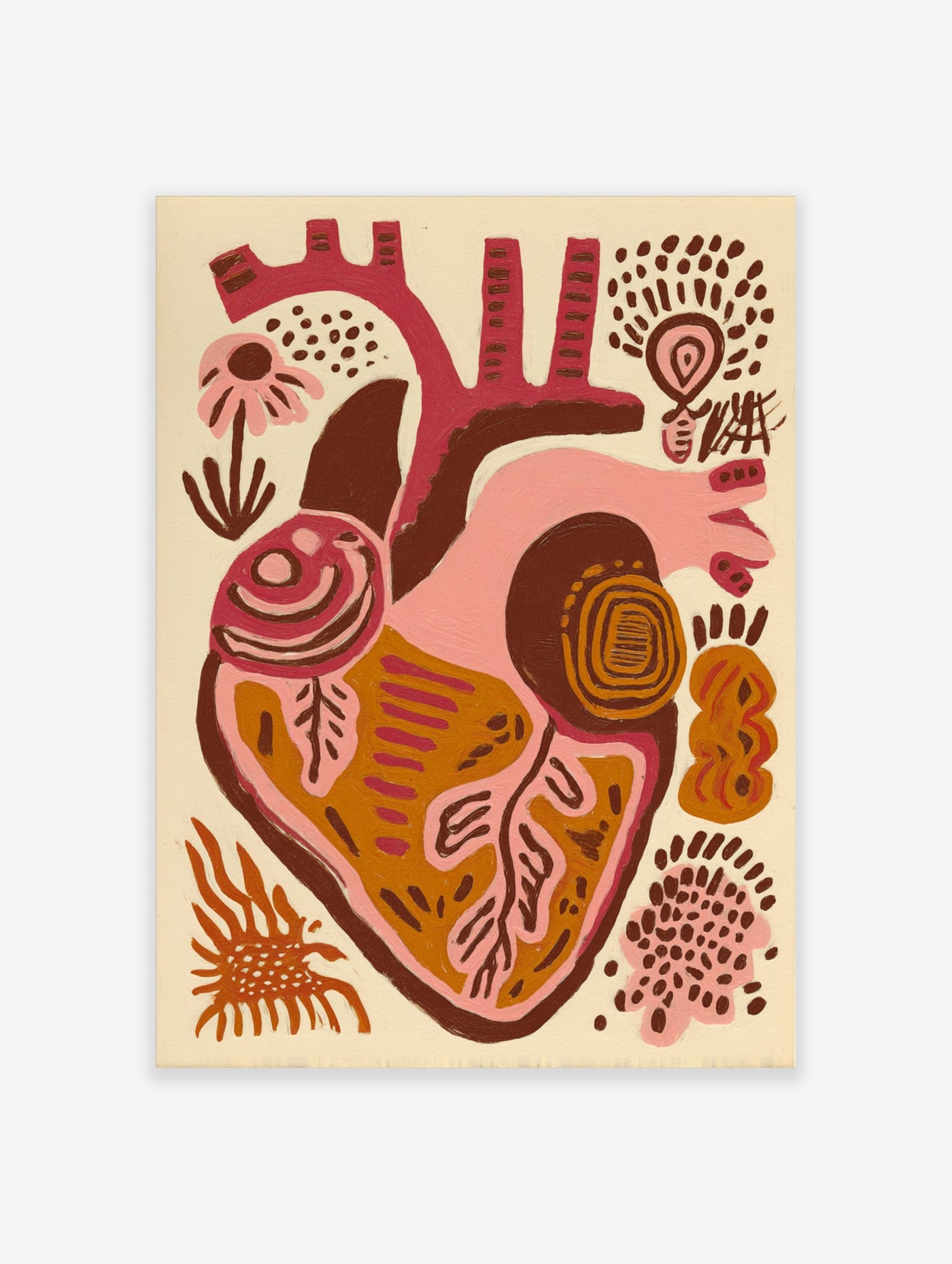 Abstract anatomical heart art print in pink, brown, orange with botanical motifs on cream background
