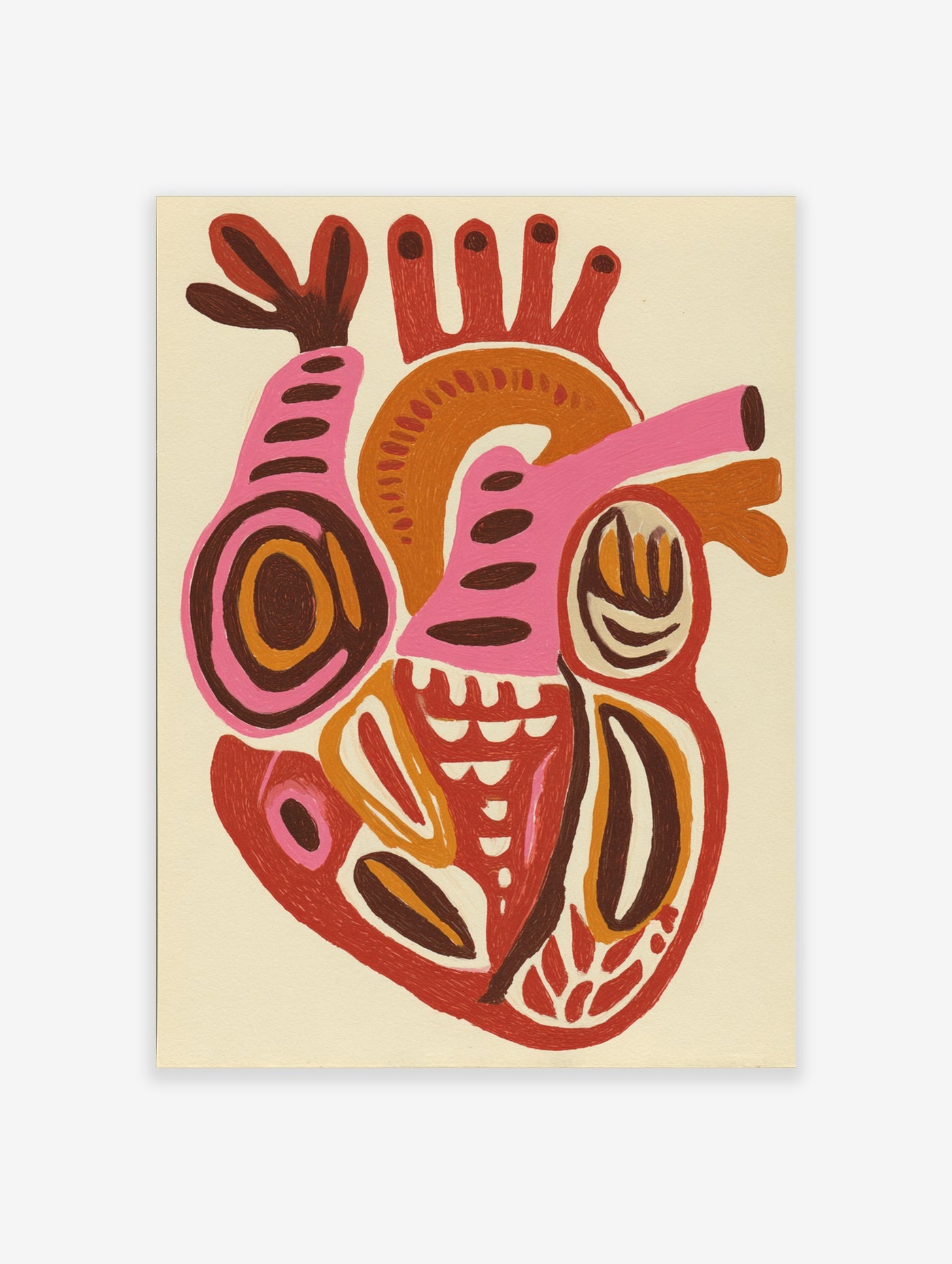 Bold anatomical heart illustration print with pink, red, orange, and brown abstract shapes on cream background