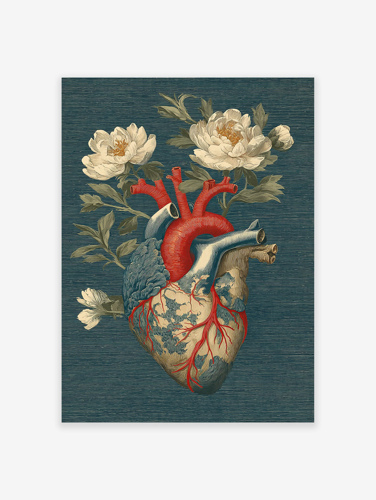 Anatomical heart illustration with red arteries and blue veins, surrounded by white flowers on a dark teal textured background.